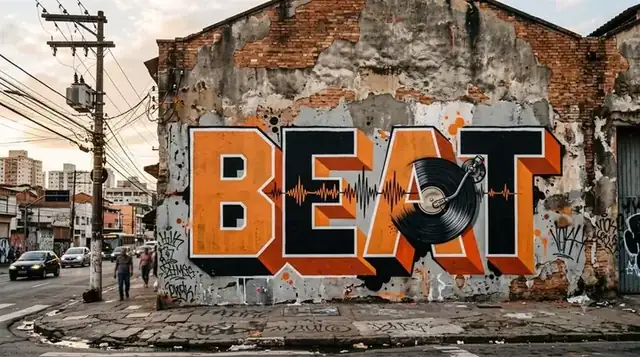Muro grafitado com a palavra BEAT, um disco de vinil e uma onda sonora