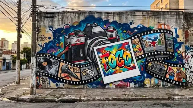 Muro grafitado com a palavra FOCO, uma câmera fotográfica e tiras de filme