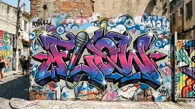 Muro grafitado com a palavra FLOW e um microfone